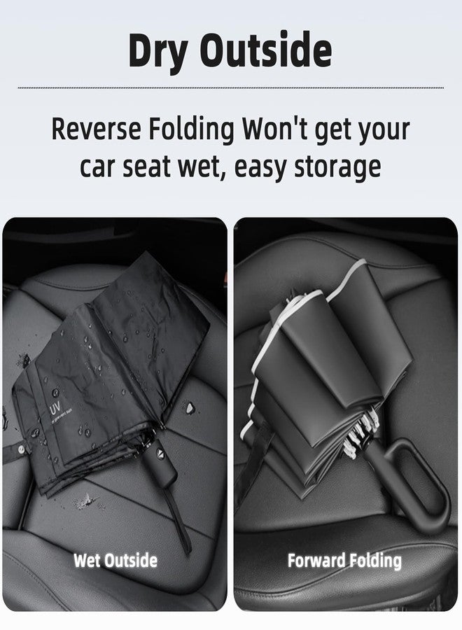 cuysfead Inverted Travel Umbrella with Carabiner Handle,Large Compact Umbrella for Rain and UV Protection,10 Ribs Windproof Reverse Umbrella with Reflective Strip,Auto Open Close for Women Men,Black - Image 3